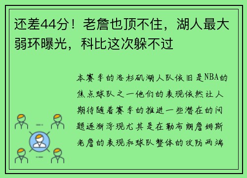 还差44分！老詹也顶不住，湖人最大弱环曝光，科比这次躲不过