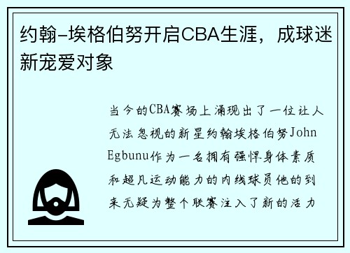 约翰-埃格伯努开启CBA生涯，成球迷新宠爱对象